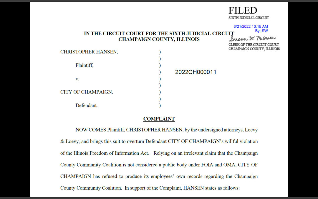 City of Champaign Sued for Denying Records on Champaign County Community Coalition