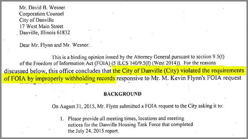 AG: Attorney David Wesner Violated FOIA as Danville City Attorney