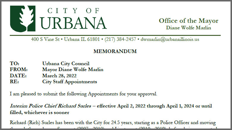 Urbana, Illinois Council to Appoint Interim Police Chief, Interim Deputy, for Two Year Term