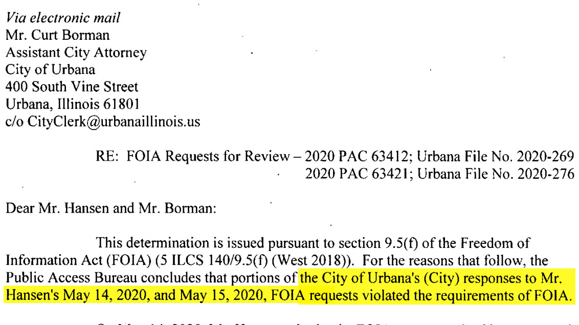Illinois Attorney General: Urbana Violated FOIA Law by Denying Police Body Camera Video & Overcharging $120 in Fees