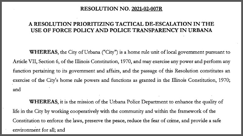 Urbana Police Use of Force & De-Escalation Resolution – One Year Later